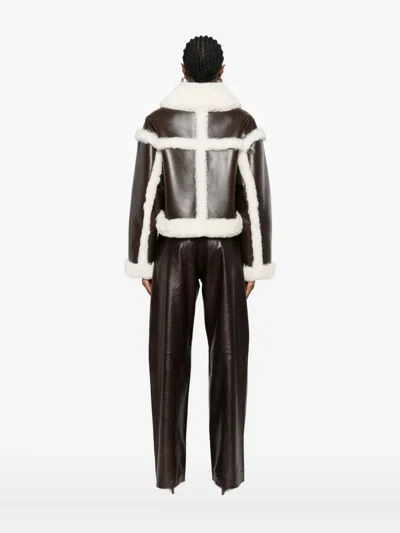 Stand Studio Cropped Bomber Jacket With Shearling Trim In Brown