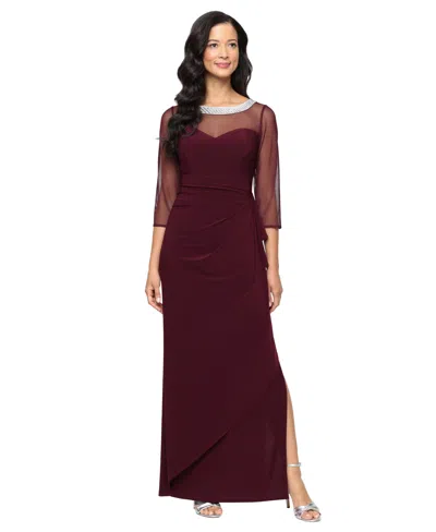 Alex Evenings Petite 3/4-sleeve Illusion Ruffled Gown In Purple