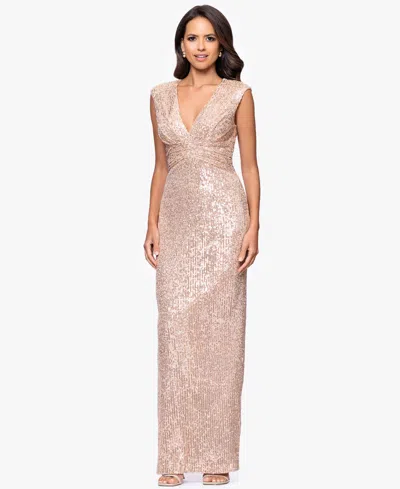 Betsy & Adam Petite Sequin Long Sheath Gown In Neutral