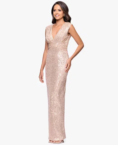 Betsy & Adam Petite Sequin Long Sheath Gown In Neutral