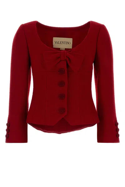 Valentino Womens Bow-embroidered Scoop-neck Tweed Jacket Paris In Red