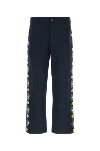 Baziszt Cotton Pine Trousers Floral Side Embroidery In Blue