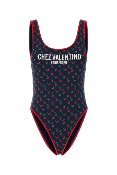 Valentino Garavani Lycra Swimsuit With Cherryfic Print In Blue