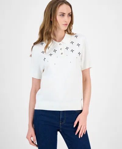 Tommy Hilfiger Women's Embellished Polo Sweater In White