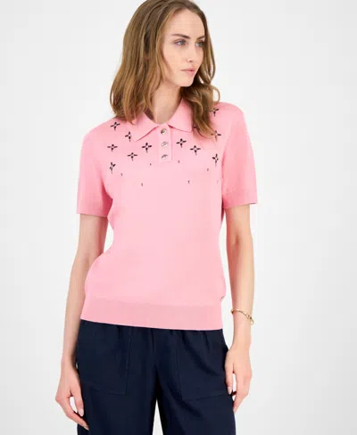 Tommy Hilfiger Women's Embellished Polo Sweater In Pink