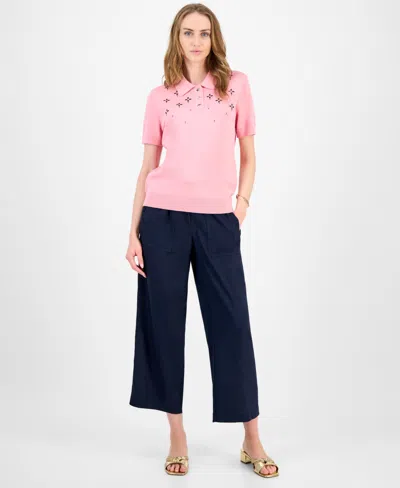 Tommy Hilfiger Women's Embellished Polo Sweater In Pink