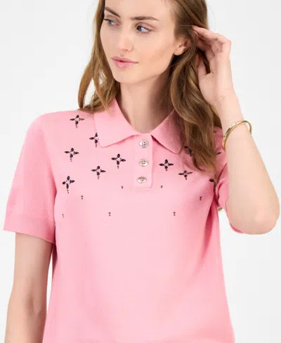 Tommy Hilfiger Women's Embellished Polo Sweater In Pink