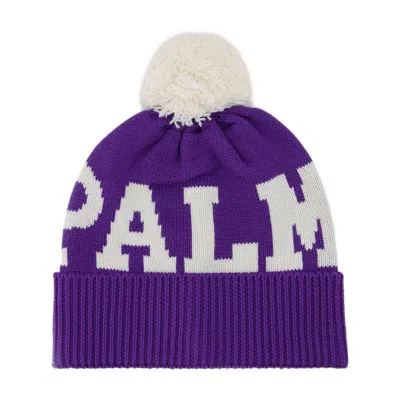 Palm Angels Logo Knitted Pompom Beanie In Purple