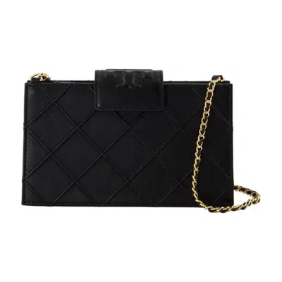 Tory Burch Fleming Black Diamond Quilted Mini Crossbody Bag With Chain-link Shoulder Strap In Leather Woman