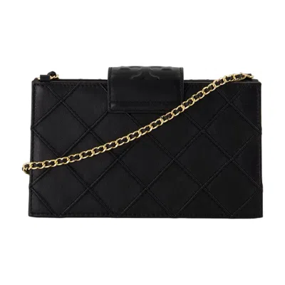 Tory Burch Fleming Black Diamond Quilted Mini Crossbody Bag With Chain-link Shoulder Strap In Leather Woman