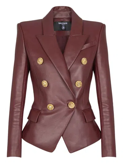 Balmain Double-breasted Lambskin Leather Blazer In Purple