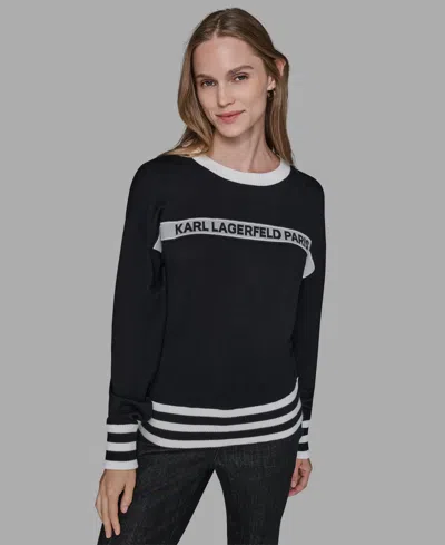 Karl Lagerfeld Women's Crewneck Logo Striped Sweater In Black