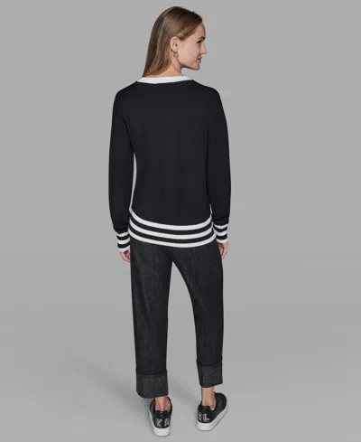 Karl Lagerfeld Women's Crewneck Logo Striped Sweater In Black