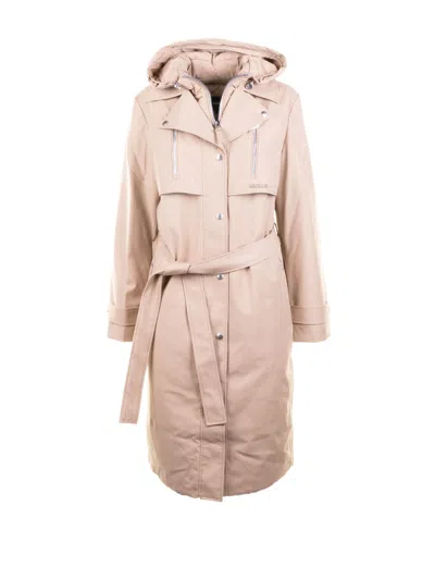Mackage Long Trench Coat In Light Camel With Belt In Pink