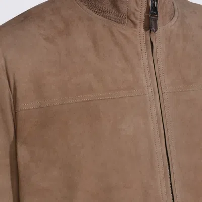 Canali Zip-up Suede Jacket In Brown