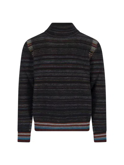 Paul Smith Multicolored Striped Knit Sweater With High Neckline In Black