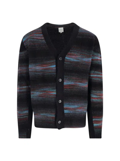 Paul Smith Multicoloured Striped Cardigan With V-neckline And Button-down Front In Black
