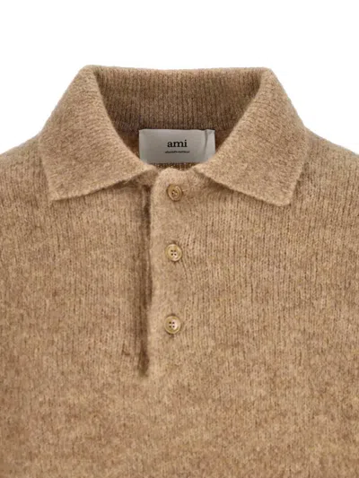 Ami Alexandre Mattiussi Ami Paris Grey Wool And Alpaca Polo Sweater Ami Paris In Brown
