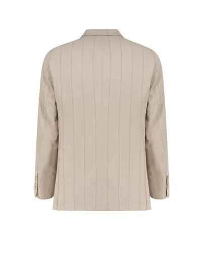 Brunello Cucinelli Men Silk Suit With Pinstripe Motif In Neutral