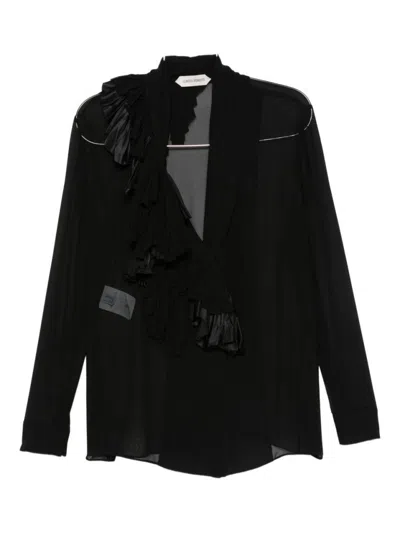 Alberta Ferretti Asymmetrical Ruffle Black Silk Blouse In Black