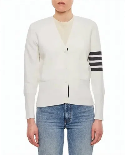 Thom Browne V-neck Wool Cardigan With Tricolor Tab And Button Accents In White
