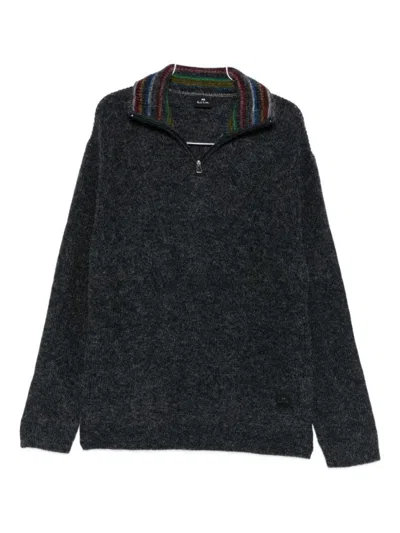 Paul Smith Half-zip Charcoal Knit Sweatshirt With Striped Collar In Black