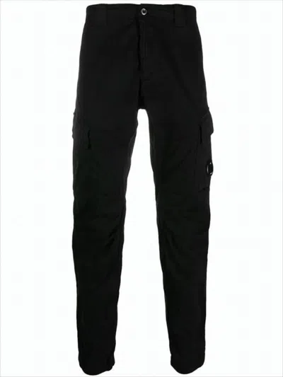 C.p. Company Streamlined Black Cargo Pants With Functional Pockets And Logo Detail In White