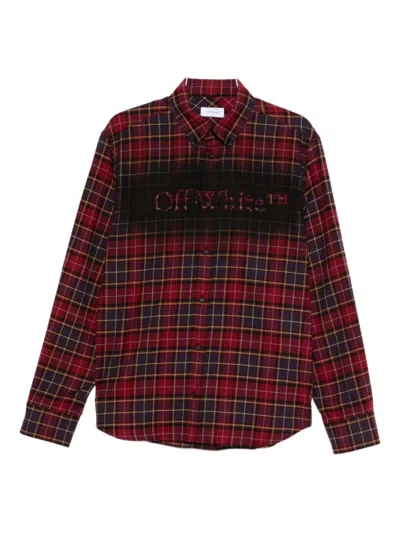 Off-white Bordeaux Shirt With Maxi Logo Lettering On The Front And All-over Check Motif In Wool Man In Black