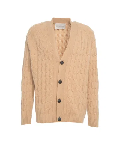 Amaranto Beige Cable Knit Cardigan With Deep V-neck And Button Closure In Brown