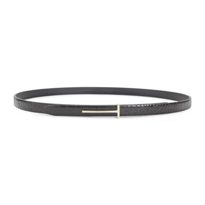 Tom Ford Textured Calf Leather Belt With Gold-tone T-buckle In Black