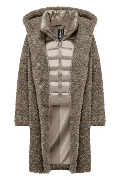 Bomboogie Hooded Calf-length Coat In Plush Faux Lambskin Fur In Brown