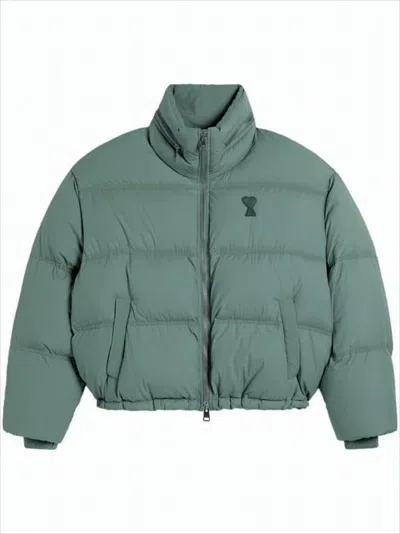 Ami Alexandre Mattiussi Cropped Puffer Jacket With High Stand Collar In Green