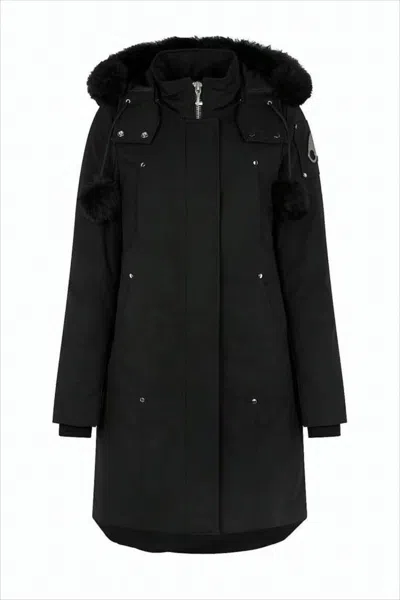 Moose Knuckles Long Black Padded Coat With Detachable Faux Fur Hood In Black