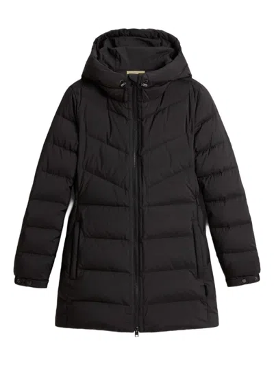 Woolrich Quilted Black Down Coat With Adjustable Hood In Black