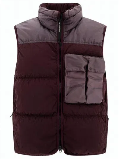 C.p. Company Two-tone Padded Vest With High Collar And Large Chest Pocket In Burgundy