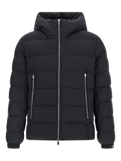 Tatras Domiziano Black Down Jacket With Fixed Hood And Logo Patch On The Sleeve In Tech Fabric Man In Blue