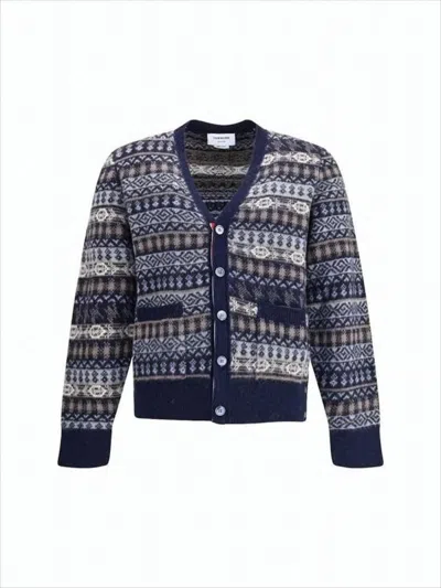 Thom Browne Multi-patterned V-neck Cardigan With Button-down Front In Blue