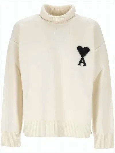 Ami Alexandre Mattiussi White Turtleneck Sweater With Subtle Emblem In Neutral