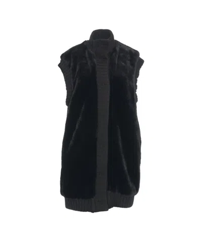 Pinko Genovese Black Sleeveless Vest With High Neck And Ribbed Details In Ecofur Woman In Black