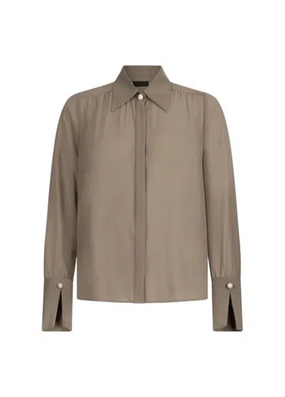 Liu •jo Georgette Blouse With Classic French Collar And Pearl Detail In Brown