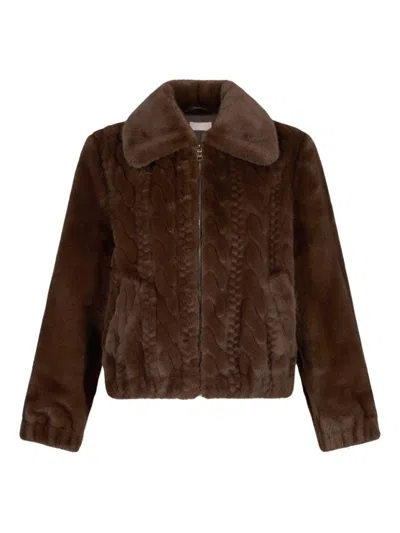 Liu •jo Teddy Bomber Jacket With Cable Knit Detailing In Brown