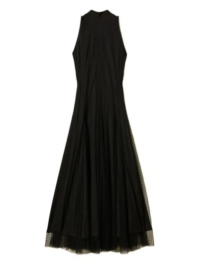 Twinset Sleeveless Black Maxi Dress With Tulle Overlay In Black