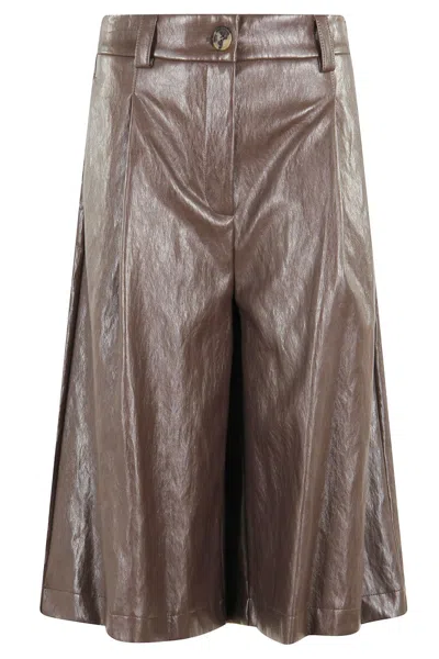 Solotre Fondant Faux Leather Wide Pants With Pleats And Pockets In Brown