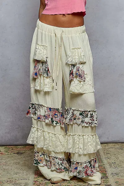 Truedames Drawstring Double Gauze Wide Leg Pants With Print And Lace Ruffle In Neutral