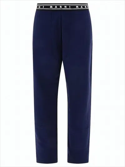Marni Deep Navy Straight Pants With Logo-detail Waistband In Blue