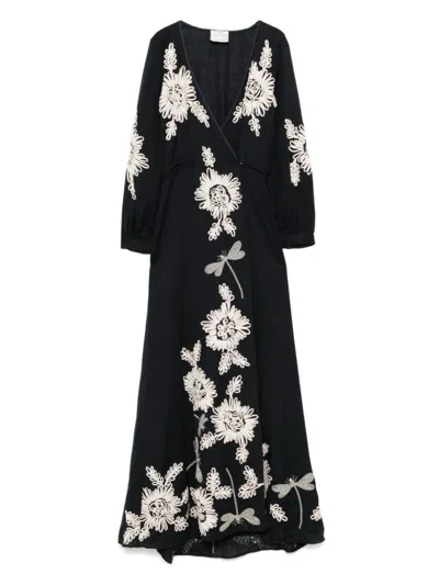 Forte Forte Wrap-style Black Maxi Dress With Floral Embroidery In Blue