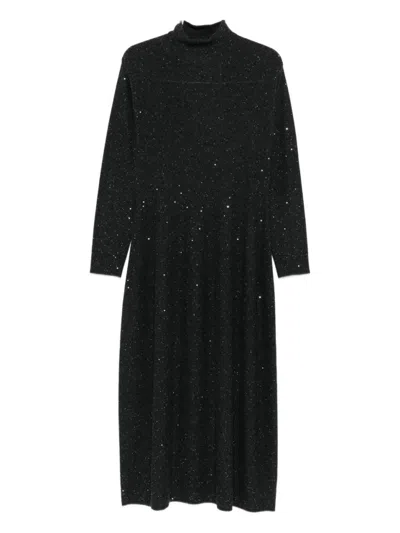 Antonelli Mid-length Black Dress With High Neckline And Sequined Detail In Black
