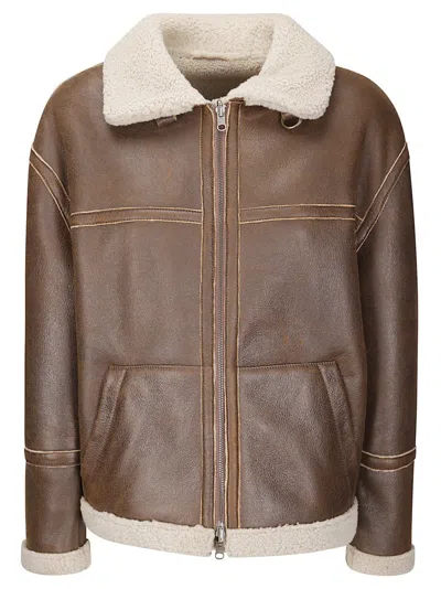 Salvatore Santoro Sheepskin Leather Jacket With Contrasting Shearling Interior And High Collar In Brown