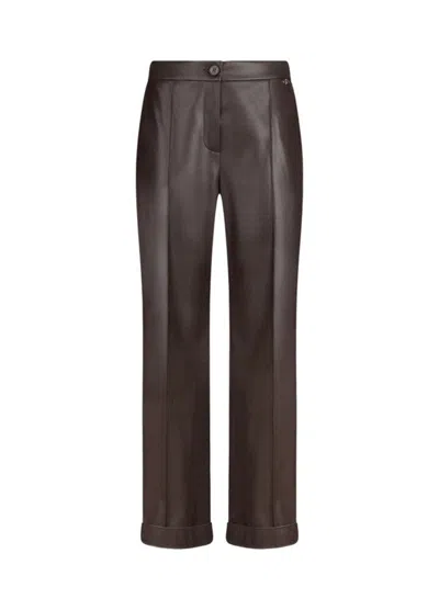 Liu •jo Coated Brown Wide-leg Pants With Pressed Crease And Cuffed Hem In Brown