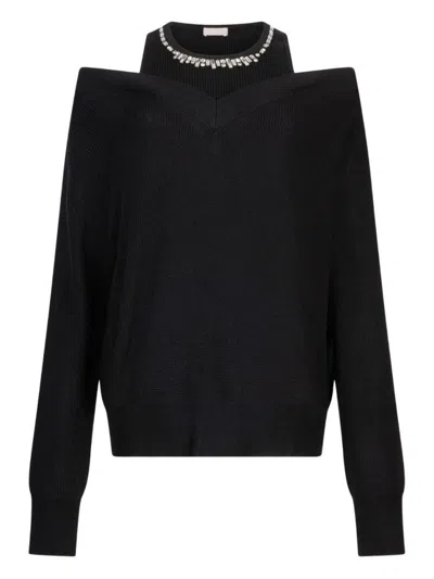 Liu •jo Off-shoulder Black Knit Sweater With Elegant Embellishments In Black